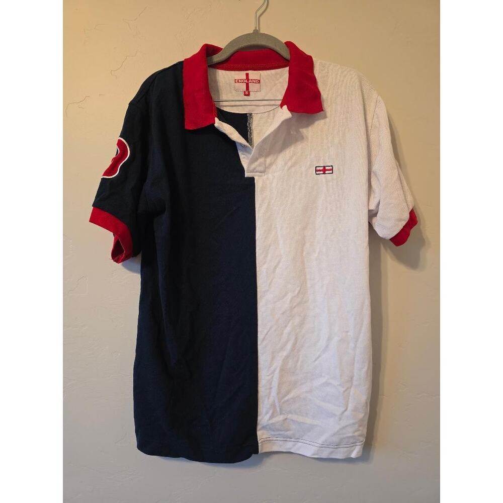 Vintage England Split Color Polo Shirt Men’s Small Red White Blue Rugby Style